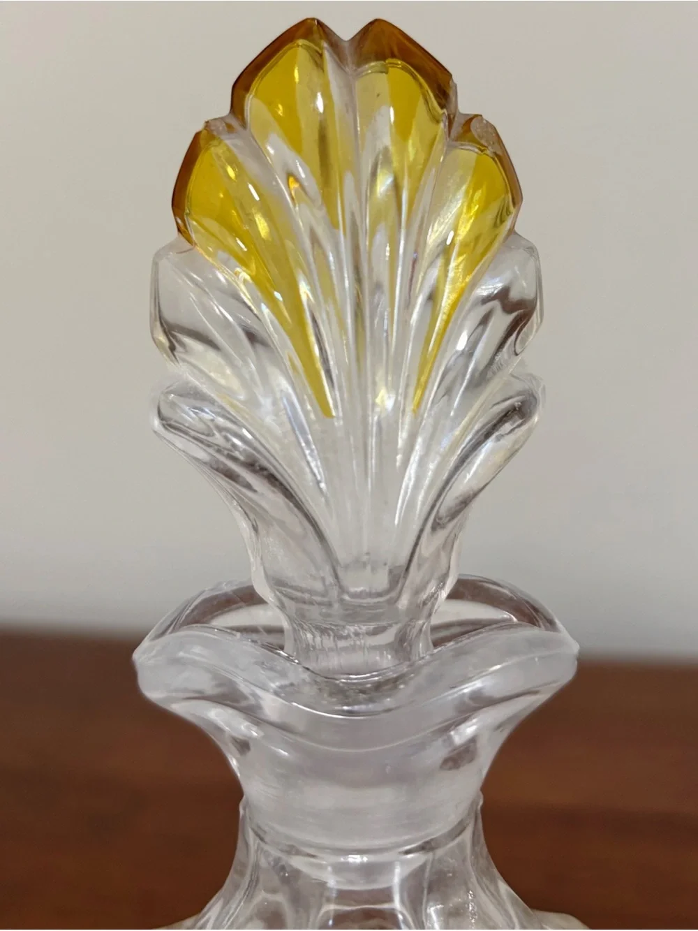Vintage Bohemian Shell Shaped Amber Clear Glass Decanter 9”